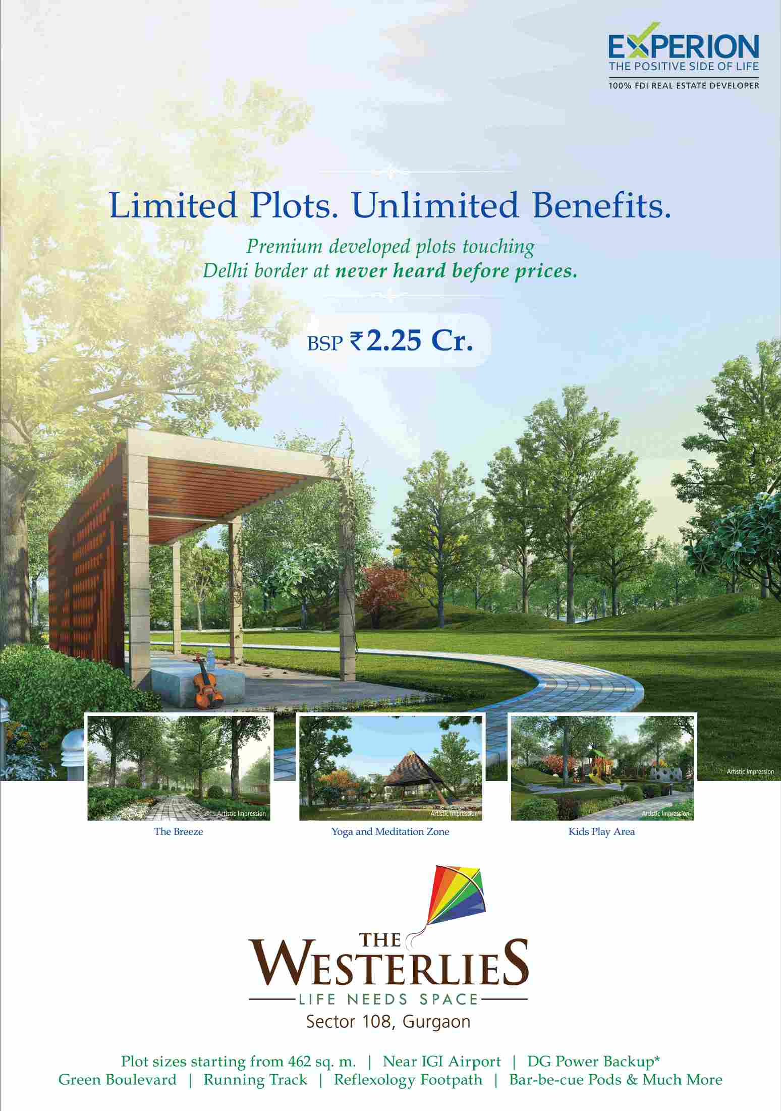 Book premium developed plots @ BSP 2.25 cr. at Experion The Westerlies in Gurgaon